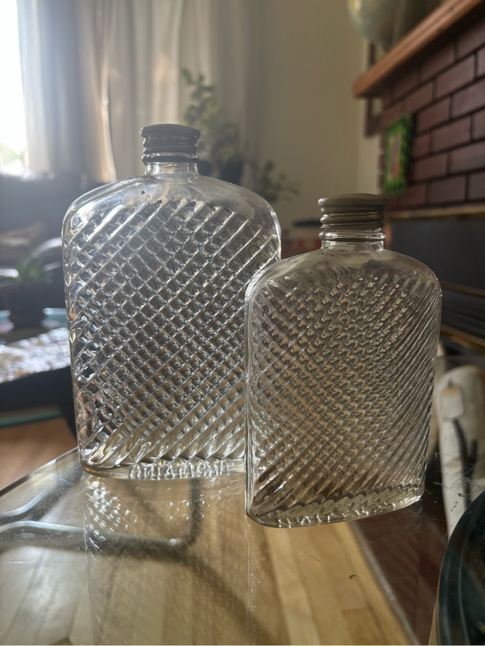 Prohibition 1920’s Clear Glass Patterned Flask Bottle - Set of 2 .